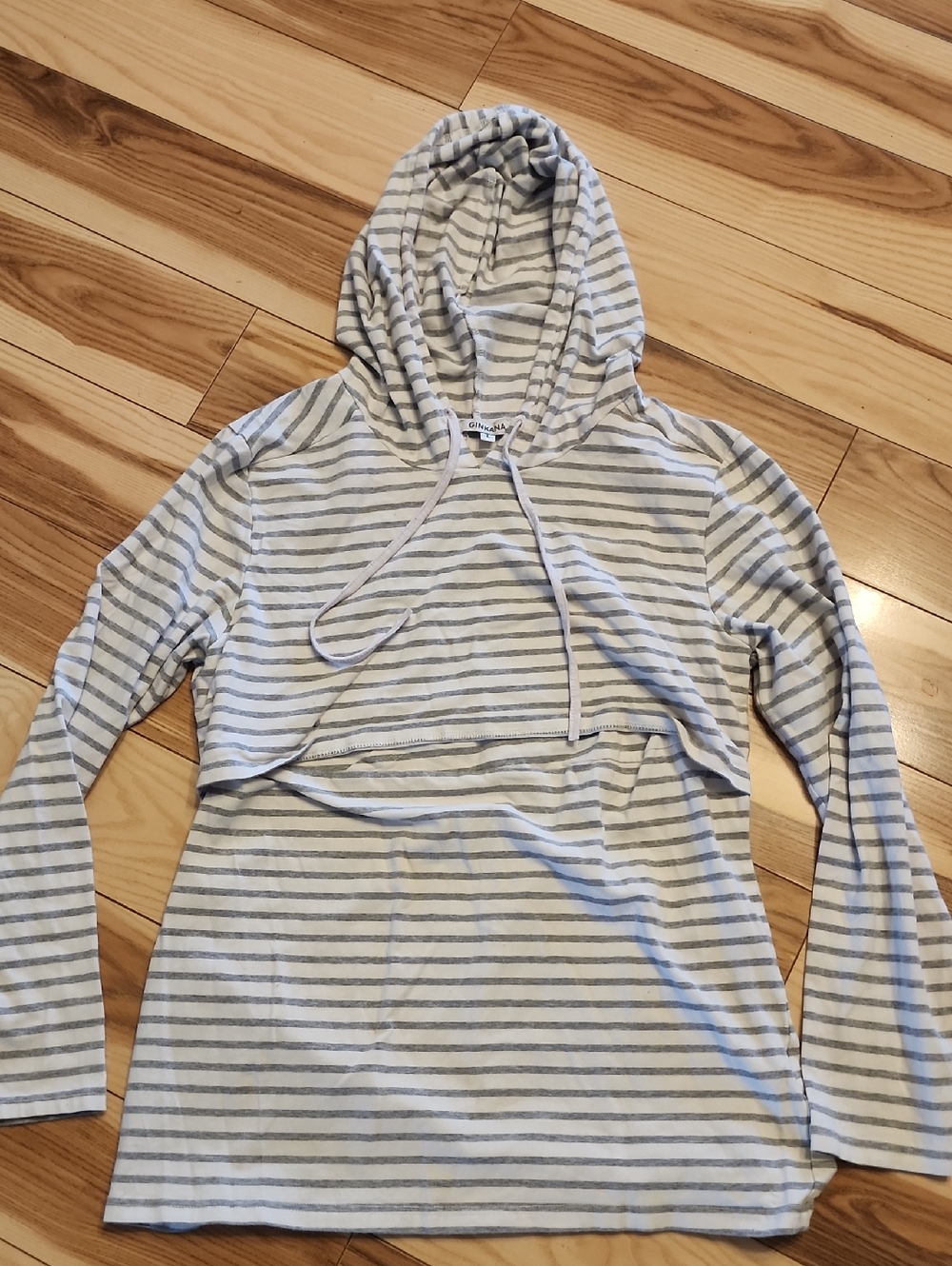 Striped Hooded Nursing Top in Light Gray and White- Large